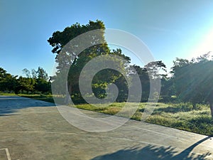 Basketball courts on sunny day at the Maya Sports Complex, Santa Elena, Peten, Guatemala. natural concept