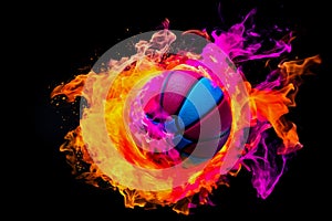 Basketball in explosion of colored neon powder isolated on black background. Generative AI