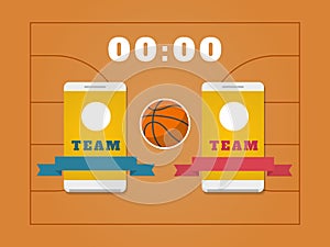 Basketball field, ball, scoreboard and smartphone with teams.