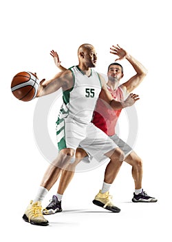 Basketball. Fight for the ball. Two basketball player in motion and action. Sport emotion. Isolated in white