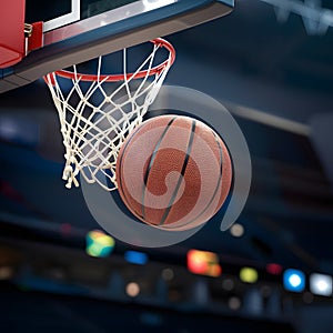 Basketball flies through air toward hoop, exciting sports action