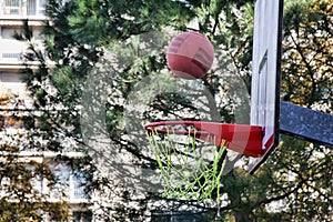 The basketball flies in rim or misses