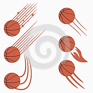 Basketball flying balls set with speed motion trails. Graphic design for sports logo. Vector.