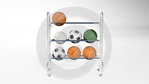 Basketball, football, soccer ball, volleyball on rack, sports equipment isolated on white, front view