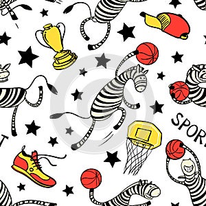 Basketball game seamless pattern with doodle cute zebra player.