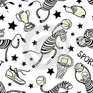 Basketball game seamless pattern with doodle cute zebra player.