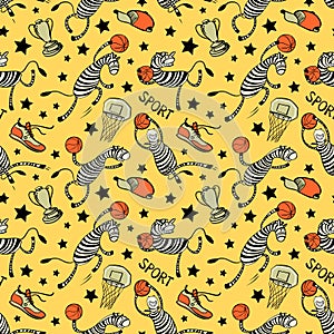 Basketball game seamless pattern with doodle cute zebra player.