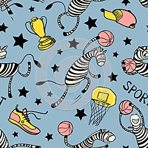 Basketball game seamless pattern with doodle cute zebra player