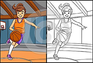 Basketball Girl Dribbling Coloring Illustration
