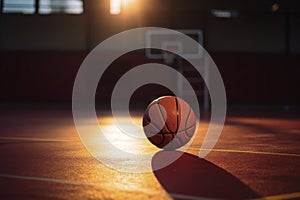 Basketball on Glossy Court with Sunset Light