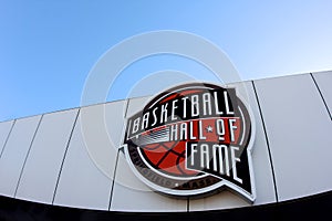 Basketball hall of fame sign with a blue sky in springfield Massachusetts