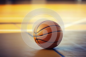 Basketball on Hardwood Court Floor