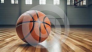 Basketball on hardwood court floor ball - close up with copy space