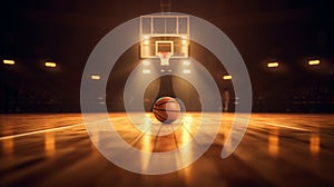A basketball on the hardwood court. Illuminated Basketball on Indoor Court with Spotlight