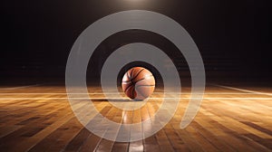 A basketball on the hardwood court. Illuminated Basketball on Indoor Court with Spotlight