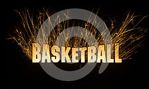 Basketball headline title in sparks on dark background.