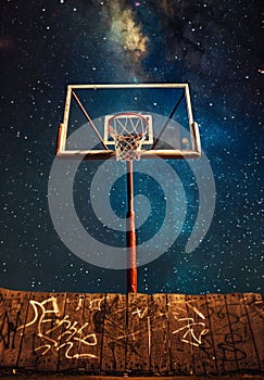 Basketball Hoop Against Cosmic Night Sky. Generative ai