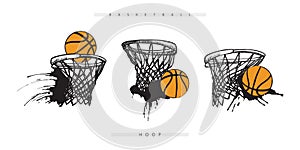 Vector basketball hoop with the ball. Set of grunge sports elements for design t-shirts, banner, flyer, poster. Dirty