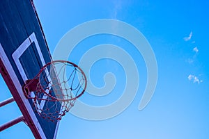 Basketball hoop on blue sky.