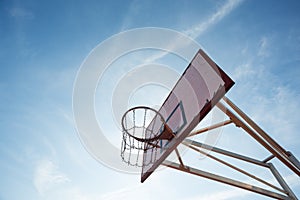 Basketball hoop in blue sky