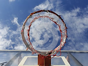 Basketball hoop on blue sky and clouds photo