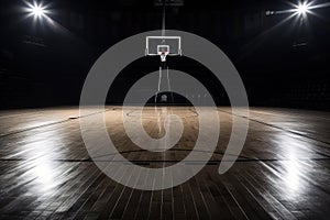 Basketball hoop in empty hall at night