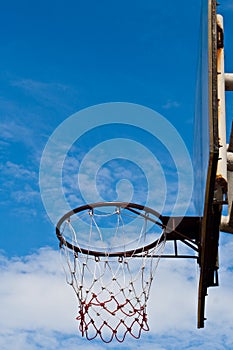 Basketball hoop at its backboard against blue sky