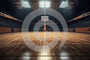 Basketball hoop in a large hall at night. 3d rendering, AI Generated