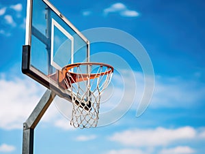 Basketball hoop with net hanging down, suspended from its metal support. It is positioned on top of an outdoor court or