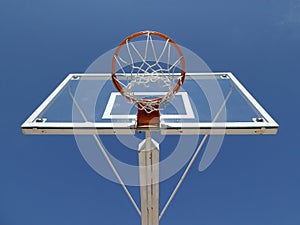 Basketball hoop with net on an outdoor court view from below