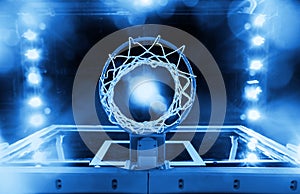 Basketball Hoop in a sports arena (blue toned)