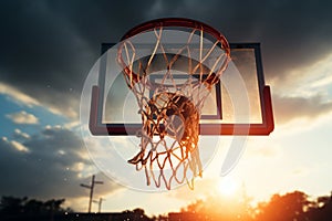 The basketball hoop stands tall, its metal frame glistening in the sunlight