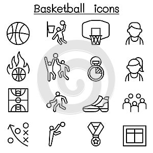 Basketball icon set in thin line style