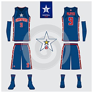 Basketball jersey, shorts, socks template for basketball club. Front and back view sport uniform. Tank top t-shirt mock up.