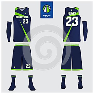 Basketball jersey, shorts, socks template for basketball club. Front and back view sport uniform. Tank top t-shirt mock up.
