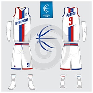 Basketball jersey, shorts, socks template for basketball club. Front and back view sport uniform. Tank top t-shirt mock up. photo