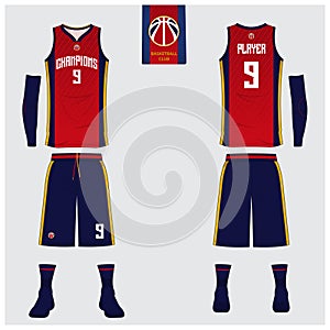 Basketball jersey, shorts, socks template for basketball club. Front and back view sport uniform. Tank top t-shirt mock up. photo