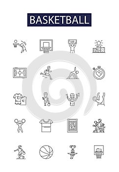 Basketball line vector icons and signs. Court, Shooting, Layup, Dunk, Run, Pass, Rebound, Jump outline vector
