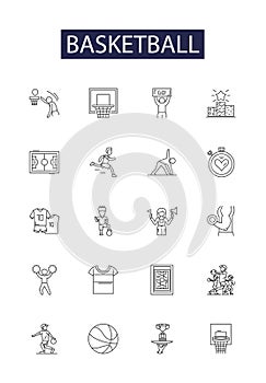 Basketball line vector icons and signs. Court, Shooting, Layup, Dunk, Run, Pass, Rebound, Jump outline vector photo