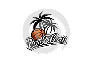 basketball logo with a combination of a ball, coconut trees, beautiful lettering, and vintage style