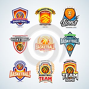 Basketball logo templates set, basketball logotype collection, badge logo design templates, sport logotype templates.