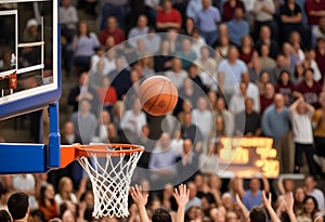 A basketball in mid-air going through a basketball hoop during a game, with a crowd of spectators in the background