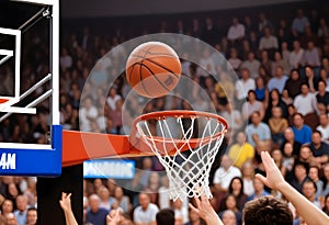 A basketball in mid-air going through a basketball hoop during a game, with a crowd of spectators in the background