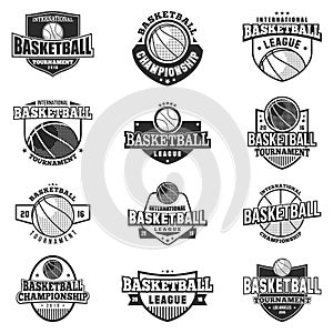 Basketball 12 monochrome badges set. Retro collection of monochrome basketball elements and emblems.