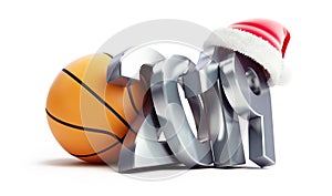 Basketball new year 2019 santa hat on a white background 3D illustration, 3D rendering