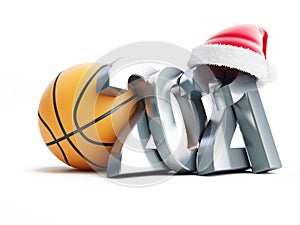 Basketball new year 2021 santa hat on a white background 3D illustration, 3D rendering