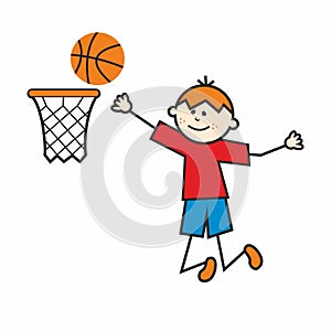 basketball, one boy throws the ball to the basket, funny vector illustration, eps.