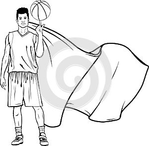 Basketball player in action with a ball isolated on white background outline vector illustration