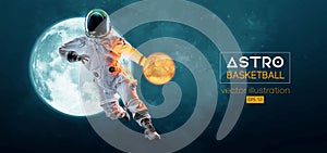 Basketball player astronaut in space action and Moon, Mars planets on the background of the space. Vector illustration