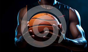 Basketball player, ball in hand, front view with room for text photo